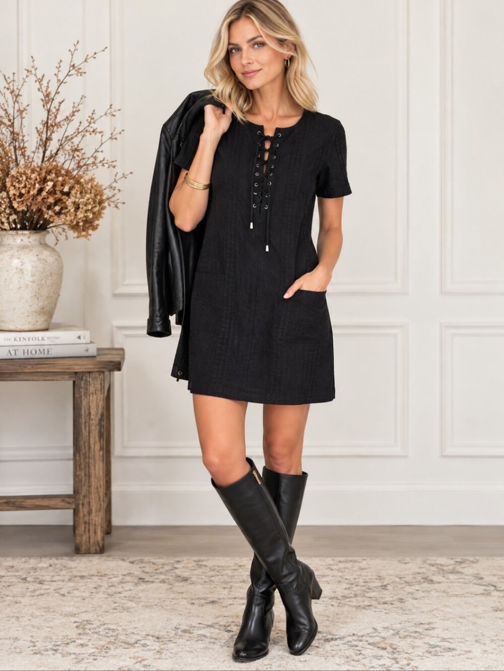 Kut From The Kloth lace up bodice textured cotton black mini sheath dress sz S